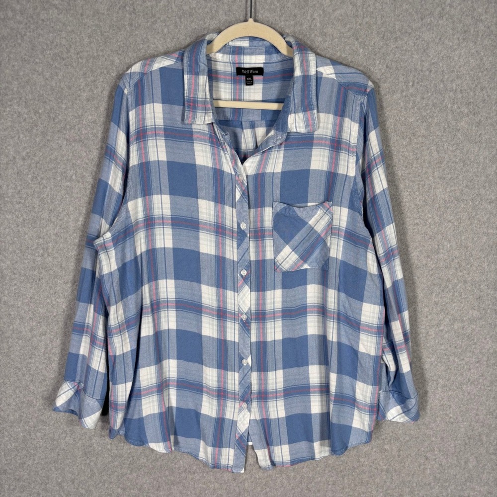 Well Worn Flannel Shirt XXL Light Blue White Pink Plaid Country Western Grunge